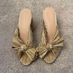 Loeffler Randall Metallic Gold Knotted Pleat Mule Heels